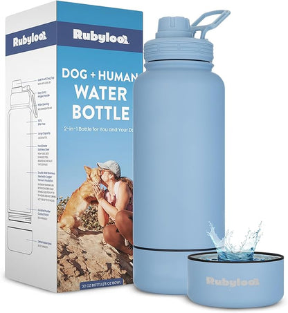 Dog Water Bottle for Dog Lovers - 32 oz Stainless Steel Double Wall Insulated Water Bottle with 8 oz Detachable Bowl on Bottom for Doggy Lovers for Hiking, Walks, Travel - Dusty Blue