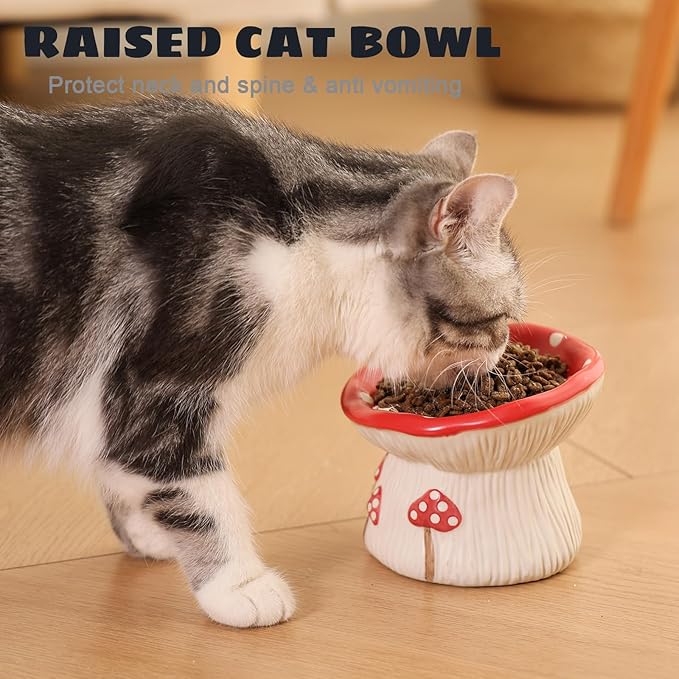 Ceramic Cat Bowl, Cute Red Mushroom Elevated Cat Food Dish, Shallow Raised Feeder, Anti Vomiting, Stress Free, Whisker Fatigue