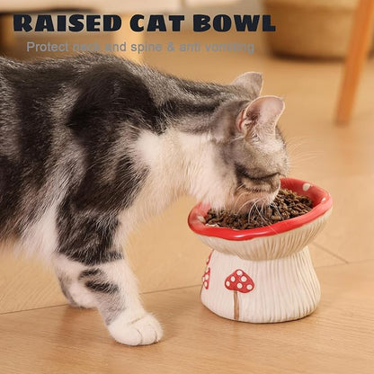 Ceramic Cat Bowl, Cute Red Mushroom Elevated Cat Food Dish, Shallow Raised Feeder, Anti Vomiting, Stress Free, Whisker Fatigue