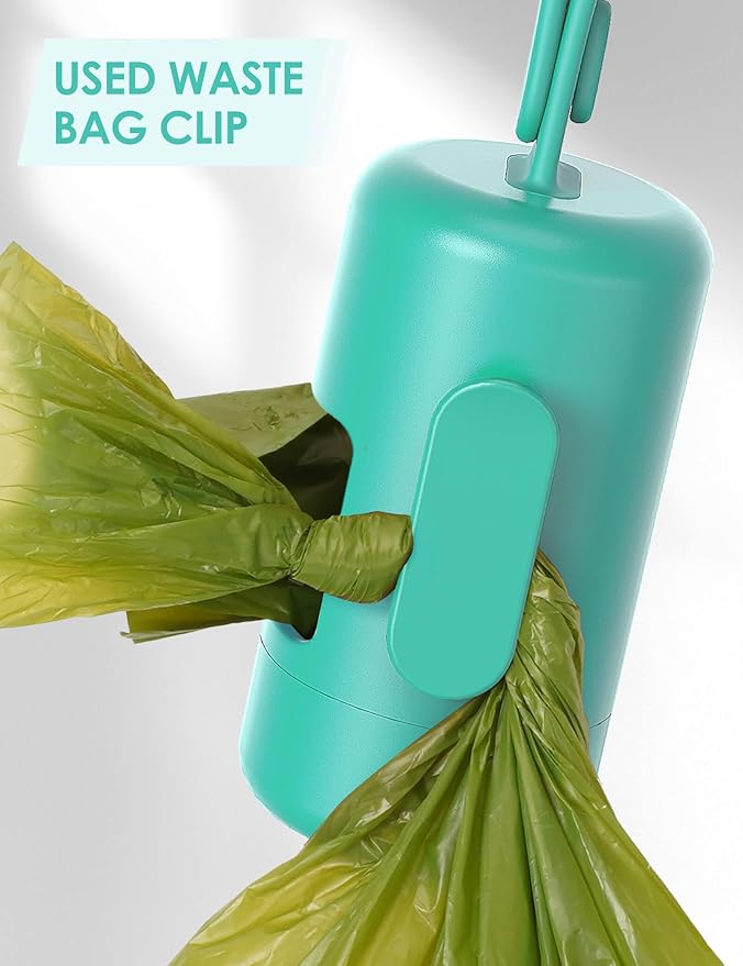 Gobeigo Dog Poop Bag Holder【Convenient Hook for Used Bags】【Silicone Strap Fits Any Leash】【Large Opening for Easy Dispensing】with 1 Roll Waste Bags (Turquoise)