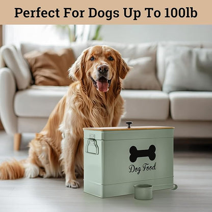 Dog Food Container Airtight 15 lb (50 Cup) Capacity with Metal Scoop - Cute Airtight Dog Food Storage Container with Bamboo Lid - Green Metal Kibble Storage Bin for Dogs up to 100 lbs - Big Pet Jar