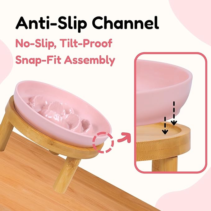 Slow Feeder Bowl, 6.3″ Elevated Cat Bowl with Stand, Melamine Wide Shallow Food Bowl, Whisker-Friendly Raised Plate, Wet Food Feeder for Slow Eating (Pink)