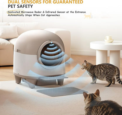 WARCAT Self Cleaning Litter Box Automatic, 90 L Automatic Cat Litter Box for Multiple Cats APP-Controlled with Smart Sensors, Safety Protection,Mat,1 Roll Garbage Bag (Brown)