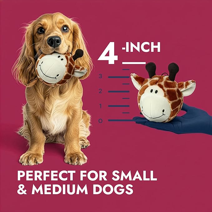 Pet Lou 4 Inch Squeaky Giraffe Ball Dog Plush Toy, Stuffing-Free Soft Plush, Durable Bouncy Squeaker Ball, Floats in Water, Small & Medium Breed Chew Toys
