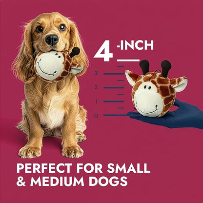 Pet Lou 4 Inch Squeaky Giraffe Ball Dog Plush Toy, Stuffing-Free Soft Plush, Durable Bouncy Squeaker Ball, Floats in Water, Small & Medium Breed Chew Toys