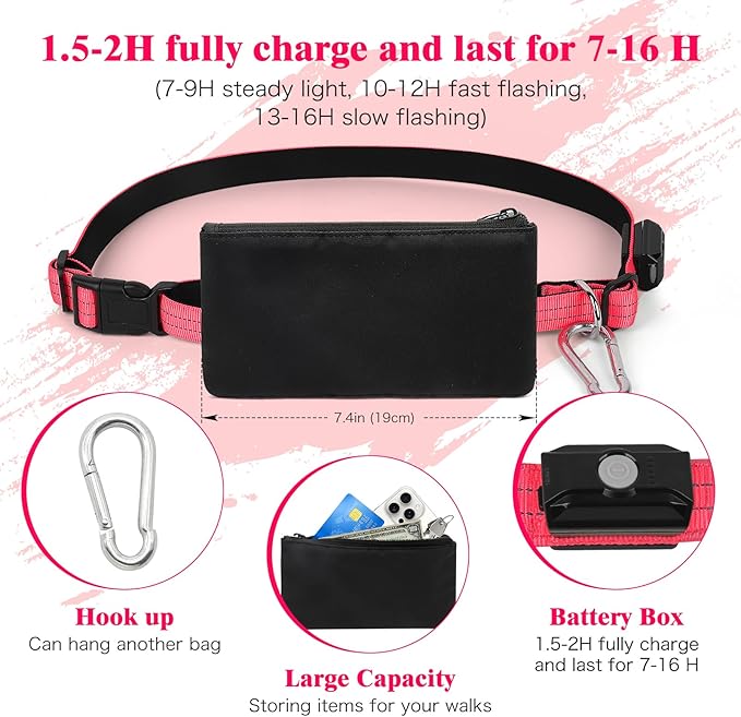 LED Hands Free Dog Leash, Waist Leash for Dog Walking, Retractable Bungee Light Up Dog Leash, LED Handless Dog Running Leash, Reflective Running Leash for Jogging Training Hiking (Pink)