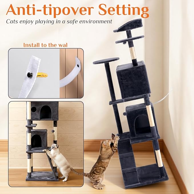 DUMOS 62-inch Indoor Cat Tree Tower –Multi-Level Pet House for Large Cats with 2 Condos, Scratching Posts, Round Platform, Small Ladder, and Toys, Grey