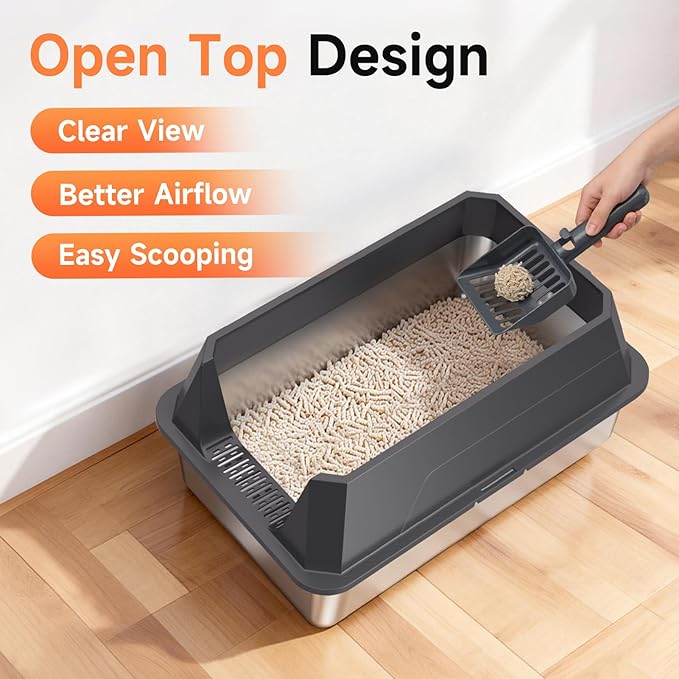 Stainless Steel Litter Box with High Sides, XL High Sided Cat Litter Pan, Open Top Extra Large Metal Cat Litter Box, Non-Stick, Odor Free, Leakproof, Scoop Included, Gray