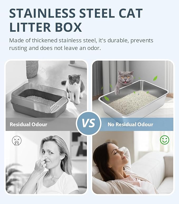 Stainless Steel Cat Litter Box, 6in Cat Litter Pan for Cats and Rabbits, Metal Litter Box High Sides Nonstick Odor Control Anti-Corrosion