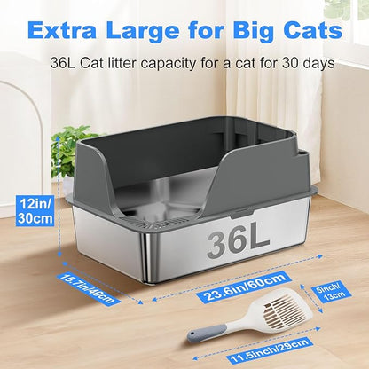 Non-stick Stainless Steel Litter Box, XL Side Opening Splash-Proof & Leak-Proof Seamless Seal, Ellenpent Large Capacity, Cat Litter Box with Lid for Multi-Cats, Large Cats, Easy-Clean & Durable (Gray)