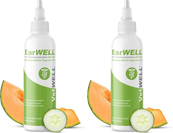 VetWELL Ear Cleaner for Dogs and Cats - Otic Rinse for Infections and Controlling Ear Infections and Odor in Pets - 8 oz (Cucumber Melon) (Pack of 2)