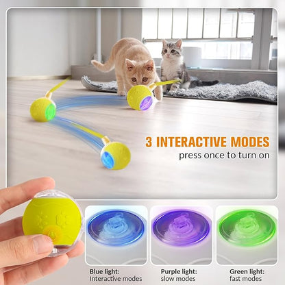 Interactive Cat Toys for Indoor,Automatic Moving Electric Rolling Pet Ball,Smart Teasing Toy for Kitty,3 Modes and USB Rechargeable,Tail 2.0 Cat Feather Toy Yellow