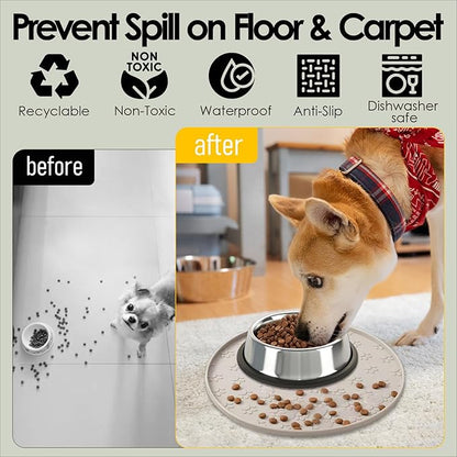 Pet Feeding Mats for Food and Water, Waterproof Anti-Slip Placemats for Dog Cat Bowl, 1 Pack Silicone Pet Food Mat, Dishwasher Safe 10.9 × 10.9 (1 Beige, Small Paws)