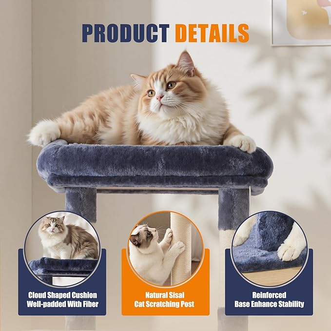 DUMOS Large 63in Cat Tree Tower, Multi Level Cat Climbing Tower with Condo, Natural Sisal Scratching Posts, Extended Platform, Hammock, Pet House for Indoor Cats and Kittens Play, Dark Grey