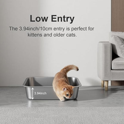 Stainless Steel Litter Box - Metal Small Cat Kitty Litter Box Pan, Indoor Low Entry Litterbox Tray, Odor-Free, Non-Stick, Easy Cleaning Pet Toilet Supplies for Kitten, Rabbit, Dog