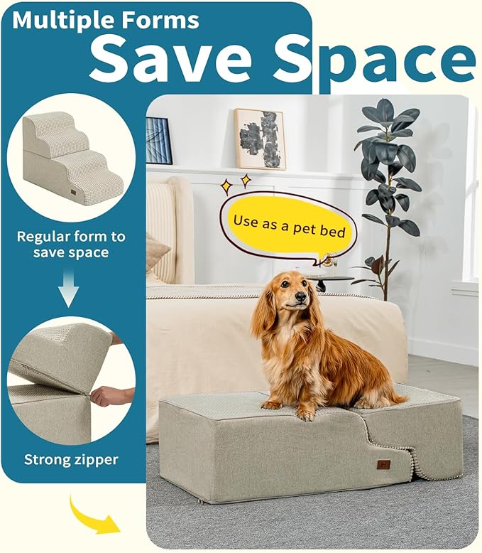 Dog Stairs for Bed, 19.7" H Dog Steps for High Bed Widen Stairs for Dogs Large 35D Foam Pet Ramp Stairs Pet Stairs for High Bed or Sofa Non-Slip Balanced Pet Step Indoor, Beige