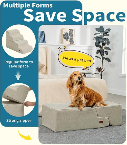 Dog Stairs for Bed, 19.7" H Dog Steps for High Bed Widen Stairs for Dogs Large 35D Foam Pet Ramp Stairs Pet Stairs for High Bed or Sofa Non-Slip Balanced Pet Step Indoor, Beige