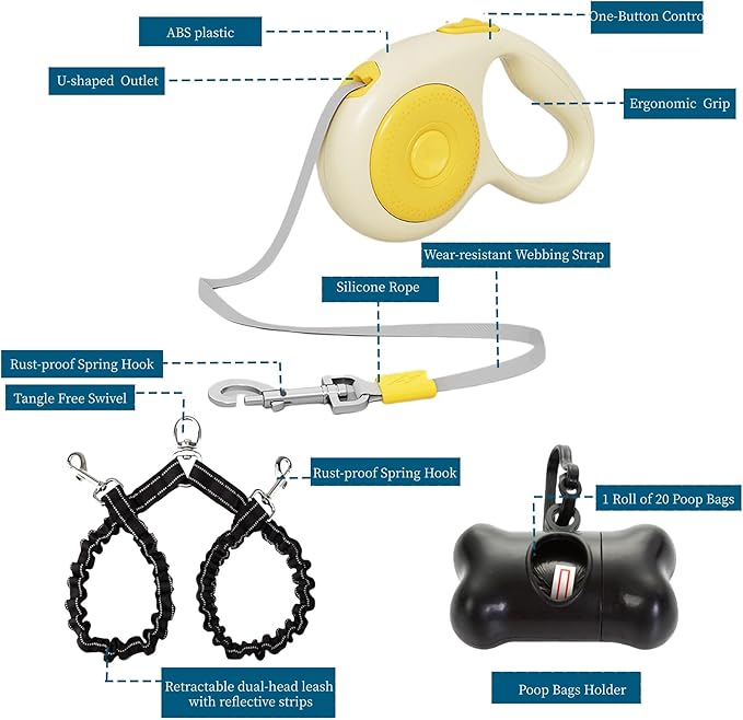 Dual Retractable Dog Leash for 2 Large Dogs (Up to 110 Lbs Each), One-Button Break and Lock, Non-Slip Grip, Double-Headed, 16 FT Extendable Pet Leash with Poop Bags, 360° Tangle-Free (Yellow, Large)
