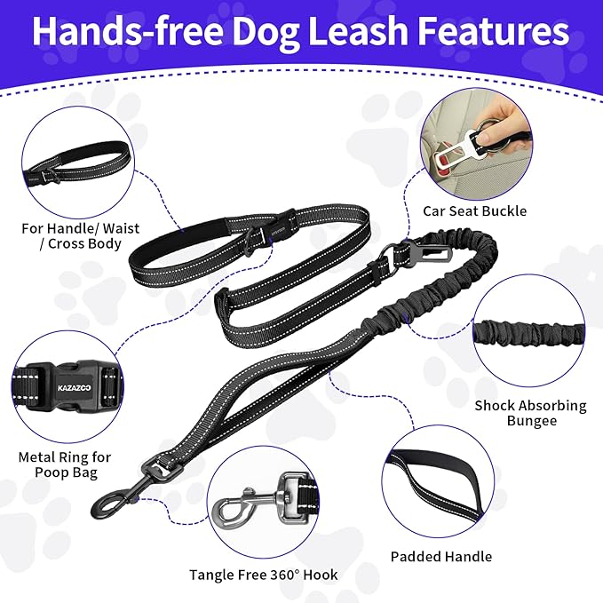 Kazazoo Hands-Free Dog Leash with 5.5-8.5FT Adjustable Length - Heavy Duty No Pull Bungee Design, Reflective Safety for Walking, Jogging & Training | Suitable for Medium to Large Dogs,Black M