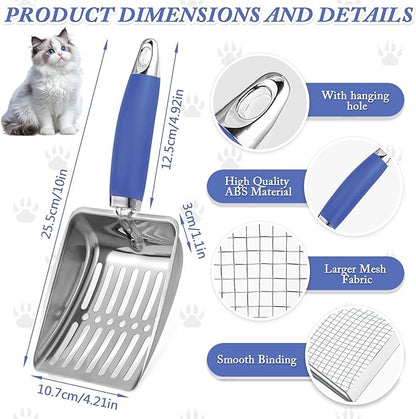 Cat Litter Scoop - Metal Cat Litter Scoop - Stainless Steel Scoop for Cats - Sturdy Metal Mesh - Rubber Handle - Easy to Clean, Suitable for Cat Litter Boxes (Blue)