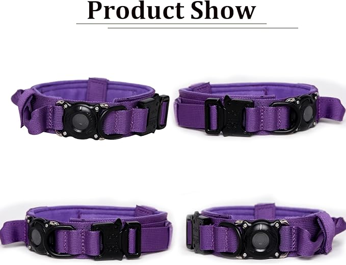 Xqpetlihai Tactical Dog Collar with Airtag Holder Waterproof Airtag Dog Collar with Control Handle and Metal Buckle(DeepPurple，XL
