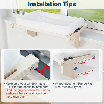 Cat Sill Window Perch - 100% Natural Pine Frame, Soft Rabbit Fur Cushion, Tool-Free Adjustment, Supports 50 lbs (Large-White)