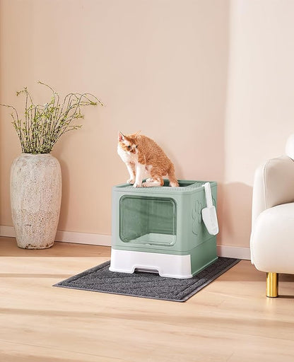 Cat Litter Box with X-Large Litter Mat and Scoop, Large Covered Litter Box with Lid, Enclosed Kitty Box,Front Top Entry Exit, Odor Control Easy to Clean (Upgrade Green)