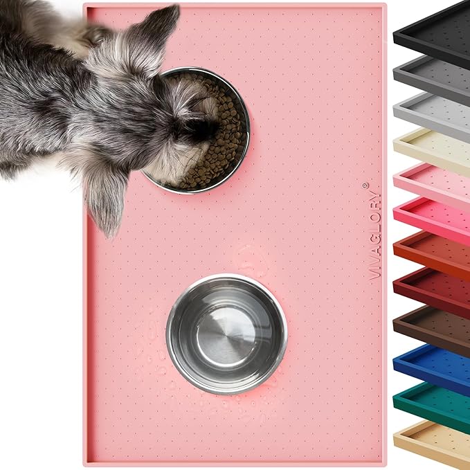 VIVAGLORY Dog Bowl Mat Grippymat Pet Food Mat, Waterproof Washable Nonslip Silicone for Pet & Cat, Food and Water Placemat with Lip & Raised Edges for Indoor Floor, S, Sakura Pink