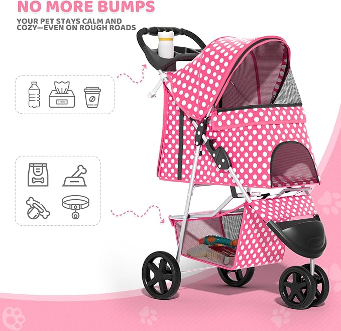 Magshion 3-Wheel Pet Stroller, Foldable Travel Jogger for Small & Medium Dogs & Cats (Up to 33lbs), Lightweight Carrier with Breathable Mesh Cover, Cup Holder & Storage Basket, Hot Pink Polka Dots