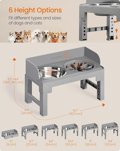 Feandrea Dog Bowls Elevated, Raised Stand with 1 Slow Feeder and Two 304 Stainless Steel Bowls, Adjustable Height and Tilted Design, Dove Gray UPRB103GD01