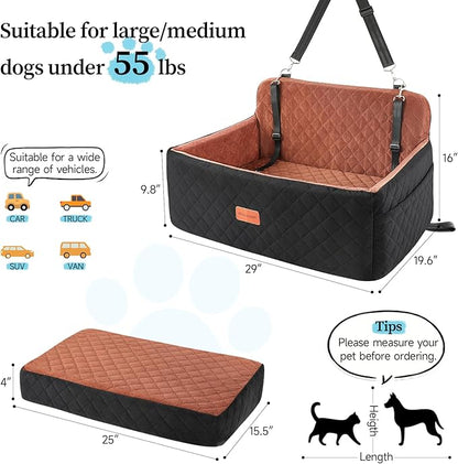 HEGGCOOE Dog Car Seat for Medium/Large Dogs, Pet Booster Seat for Under 55 lbs or 2 Small Dogs, Detachable & Washable Dog Car Bed for Backseat with 2 Safety Leashes(Black/Brown)