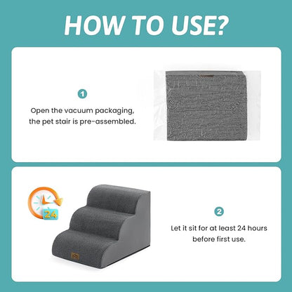 Wide Dog Stairs for Small Dog 15.7" H, Pet Step for Puppy, Older Cat, Curved Ramp for Couch, Durable Anti-Slip Ladder with High Density Foam, 3 Step, 17.7x22.4x15.7 inch, Dark Grey