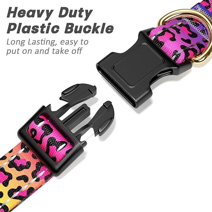 Reflective Dog Collar for Extra Small Dogs Cats, Cute Leopard Style Adjustable Heavy-Duty Nylon Puppy Collar for Boy and Girl Female, Soft Pet Accessories with Quick Release Buckle, Neon