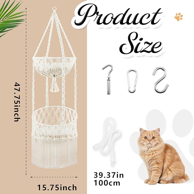Double Deck Macrame Cat Hammock with Cushion Boho Hanging Bed Swing Cat Tree Door Hanger for Playing Sleeping Climbing and Lounging
