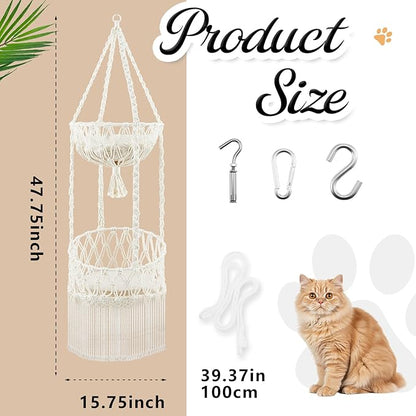 Double Deck Macrame Cat Hammock with Cushion Boho Hanging Bed Swing Cat Tree Door Hanger for Playing Sleeping Climbing and Lounging