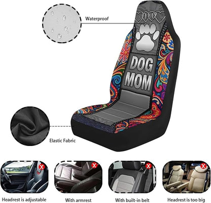 Dog Mom Paw Car Seat Covers for Truck Sedan SUV 2 Pack Waterproof Automotive Seat Covers Boho Flowers Removable Auto Accessories Interior Decor