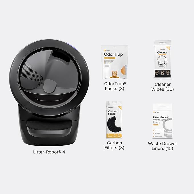 Litter-Robot 4 Supply Bundle by Whisker, Black - Automatic, Self-Cleaning Cat Litter Box, Includes Litter-Robot 4, 3 OdorTrap Refills, 10 Liners, 30 Cleaner Wipes, & 2 Carbon Filters