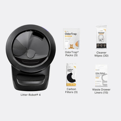 Litter-Robot 4 Supply Bundle by Whisker, Black - Automatic, Self-Cleaning Cat Litter Box, Includes Litter-Robot 4, 3 OdorTrap Refills, 10 Liners, 30 Cleaner Wipes, & 2 Carbon Filters