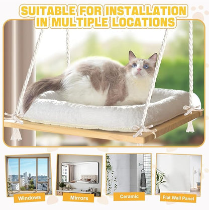 Cat Window Perch Cat Hammock Kitten Window Seat with Cushion Bed Cover Solid Wood Seat with Strong Suction Cups Hanging Kitten Bed for Small Medium Indoor