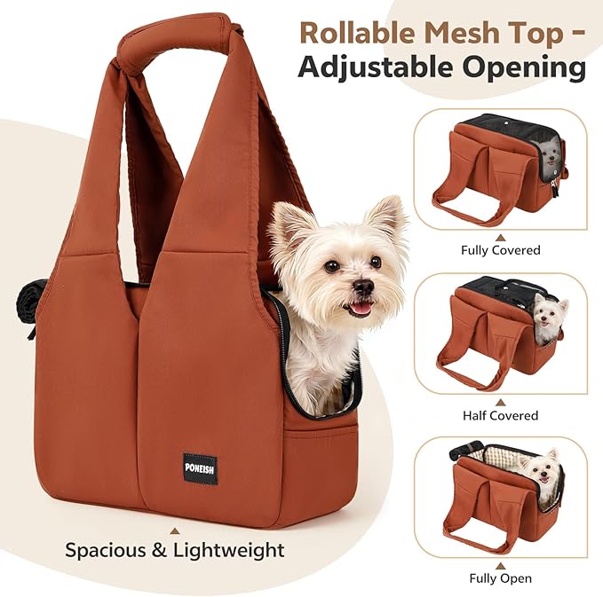Dog Purse Carrier for Small Dogs and Cats, Soft-Sided Pet Tote Bag with 6 Large Pockets, Collapsible Travel Puppy Carrier, Fits Pets up to 16 lbs (Caramel, 17.5" L x 8" W x 12" H)