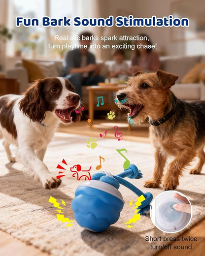 Interactive Dog Toys with Rope -Smart Dog Ball Built-in Barking Sound, Motion Activated USB-C Rechargeable Dog Toy with 3 Play Modes for Medium & Large Dogs (Blue)