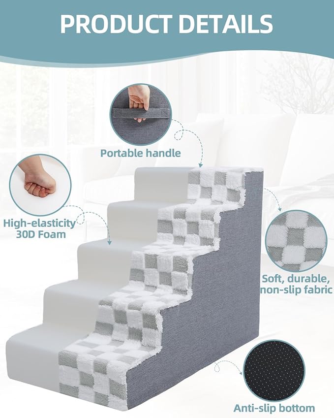 KSIIA Dog Stairs for Small Dogs & Cats Pet Stairs Supportive 5-Tier Pet Steps for Bed Couch Sofa Chair, No-Slip Cat Steps with Removable Washable Cover, 30" D x 16" W x 22" H, Grey