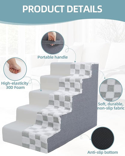 KSIIA Dog Stairs for Small Dogs & Cats Pet Stairs Supportive 5-Tier Pet Steps for Bed Couch Sofa Chair, No-Slip Cat Steps with Removable Washable Cover, 30" D x 16" W x 22" H, Grey