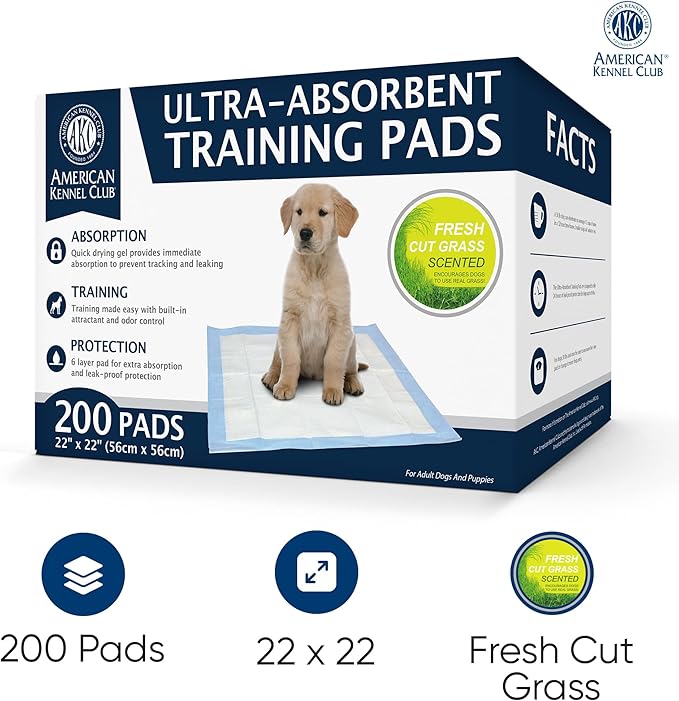 American Kennel Club Scented Puppy Training Pads with Ultra Absorbent Quick Dry Gel – 22 x 22 Pee Pads for Dogs - Grass Scented - 200 Count