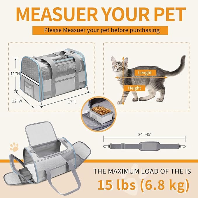 Soft-Sided Cat Carrier for Pets Up to 15lbs, Airline Approved Under-Seat Travel Carrier, 17x12x11 Inch, TSA Approved with Collapsible Bowl, Breathable Mesh & Removable Pad, Lightgrey