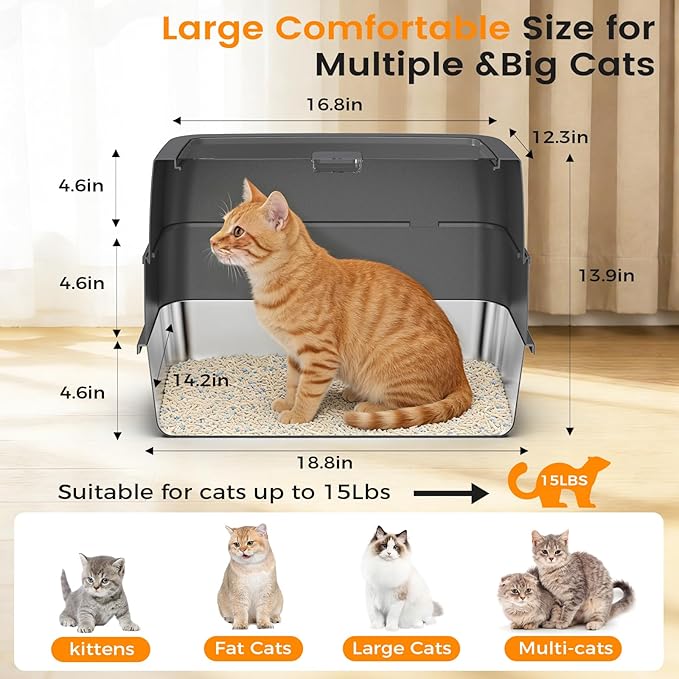 Stainless Steel Litter Box with Lid, Side Entry Large Enclosed Cat Litterbox for Kitty & Multi-Cat, Flip Cover Easy to Clean, High Sided Metal Cat Litter Pan with Scoop, Mat, Anti-Leakage, Non-Sticky