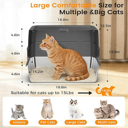 Stainless Steel Litter Box with Lid, Side Entry Large Enclosed Cat Litterbox for Kitty & Multi-Cat, Flip Cover Easy to Clean, High Sided Metal Cat Litter Pan with Scoop, Mat, Anti-Leakage, Non-Sticky