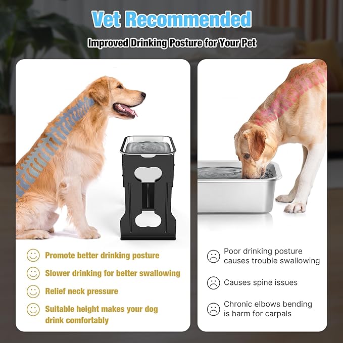 2.4 Gallon Elevated Large Dog Water Bowl,16" Raised Stainless Steel Bowl with Stand for Large Breed, Full Metal Dog Feeding Station for Relief Joint Pressure, Easy Clean for Indoor & Outdoor Uses