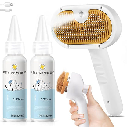 Pet Steam Brush for Dog & Cat – 3-in-1 Spray Hair Removal Comb for Shedding & Grooming, Softens Fur & Reduces Static – Water Brush for Long & Short Coats, Bath-Hating Pets, Includes Waterless Shampoo