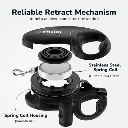Pecute 32ft Retractable Dog Leash with Poo Bag Holder, Chew Proof Dog Leash with 360° Tangle-Free Extended, Anti-Slip Handle & Quick Brake Button, Suitable for Dogs Up to 110lbs in Weight